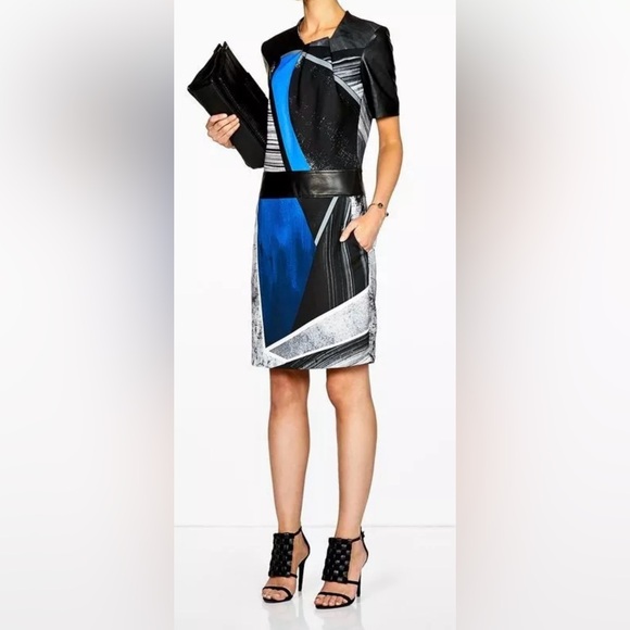 HELMUT LANG Superb Net a Porter Geometric Leather Trim Pencil Dress Size 2 - Picture 15 of 17